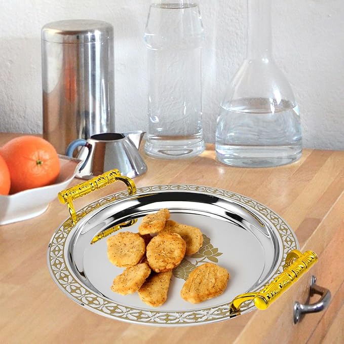 Elegant Round Gold Pattern Stainless Steel Serving Tray European Style Buffet Plate for Fruit Dessert Jewelry Storage and Home Decor