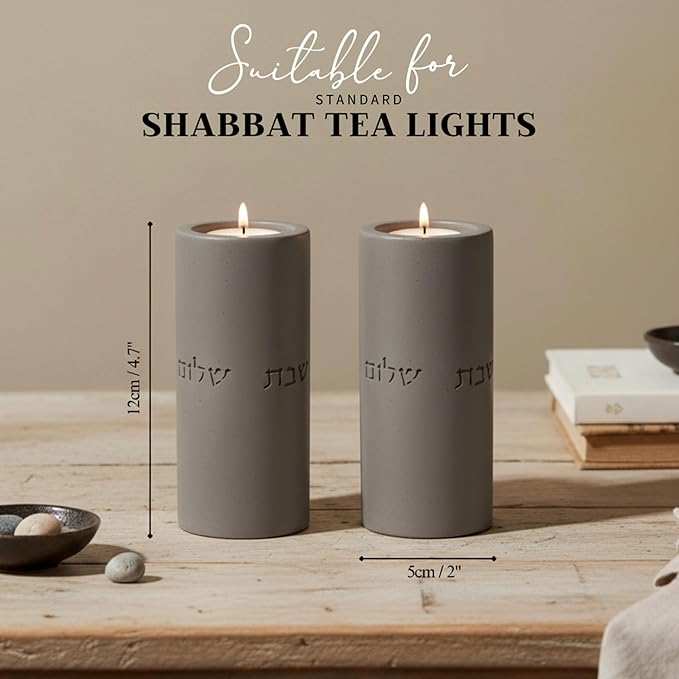 SURI Shabbat Candle Holders Set – Modern Judaica Gift for Shabbos & Jewish Holidays – Concrete Dripless Candle Holders for Tea Lights, Short & Tall – Minimalist Jewish Home Decor