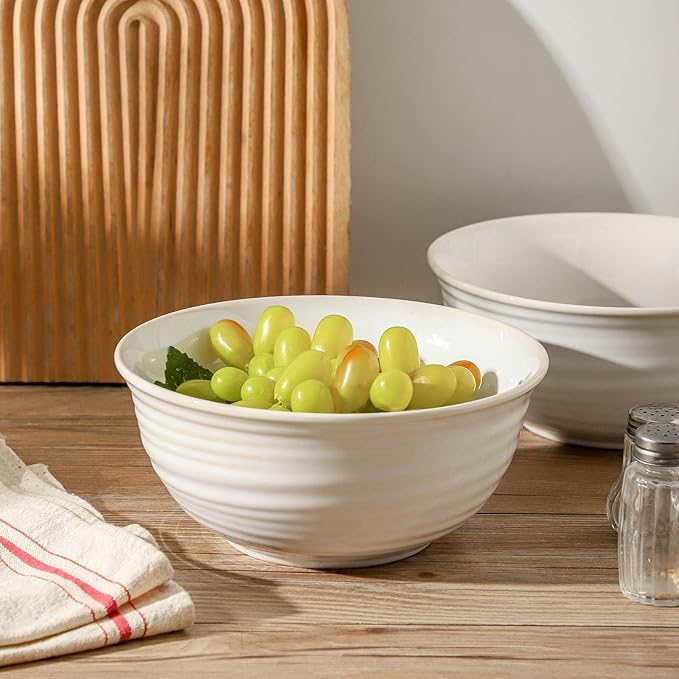 Ceramic Serving Bowls Set of 2, 65 Ounce Large Kitchen Deep Bowls for Salad Soup Ramen Pasta Cereal Fruit, Durable Microwave & Dishwasher Safe, Ideal for Home Dining & Gifting, White