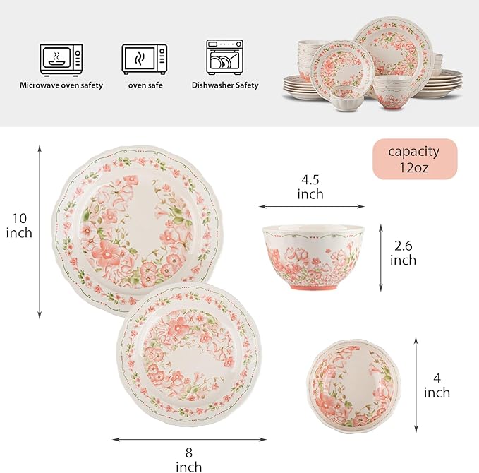 24 Piece Dinnerware Sets for 6， Scratch Resistant,microwave oven and Dishwasher Safe Plates and Bowls Sets Ceramic, Dish Set, Bowl and Plate Set -Pink peach blossom pattern