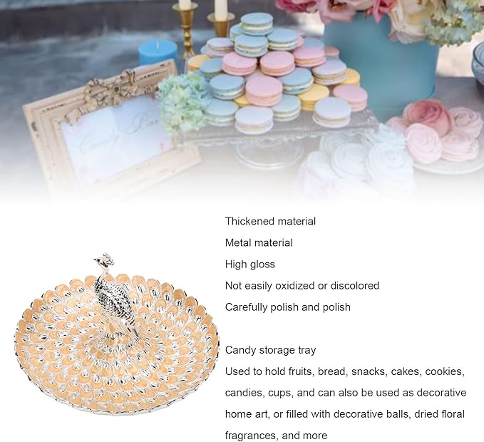 Peacock Shape Fruit Dish Tray, Decorative Storage Tray, Zinc Alloy Metal Snacks Plate Round Platter Serving Tray Cookie Storage Bowl for Home Party Cakes Cookies Candy (Silver Orange)