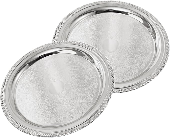 LUOZZY 2pcs Silver Metal Round Serving Tray for Dessert Cake Snacks Afternoon Tea Party
