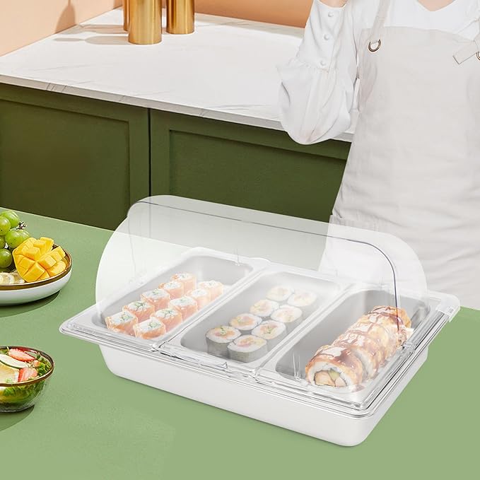 3-Compartment Stainless Steel Food Display Container w/Clear Roll Top Cover, Buffet Serving Tray for Kitchen, Restaurant, Party, Salad, Sushi, Freestanding Condiment Storage Platter, Easy Clean