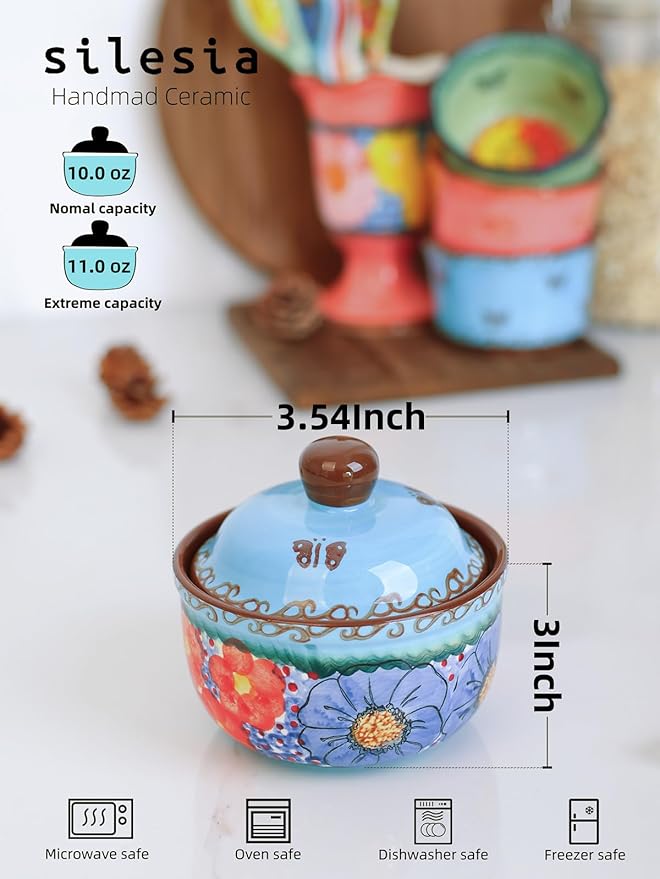 silesia Handmade Sugar Bowl with Lid and Spoon, 10 Ounce Ceramic Hand-Painted Sugar Jar for Kitchen in Gift Box, Kitchen Decor, Oven, Dishwasher & Microwave Safe, Glazed Blue