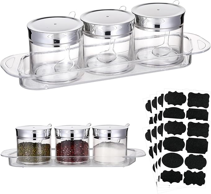 Set of 3 Acrylic Sugar Container with Lid Spoon and Tray 7oz Clear Condiment Coffee Jars Container with Labels Seasoning Salt Box Set for Kitchen Storage Coffee Bar