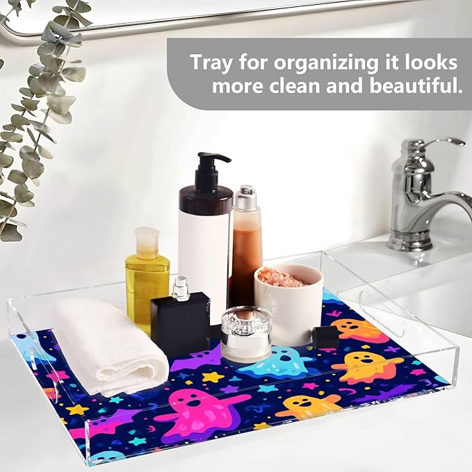 Serving Tray with Handles Clear Acrylic Tray 12x16 Inch Decorative Rectangular Tray Organizer for Ottoman Coffee Table Bathroom Neon Halloween Ghosts Stars Bats