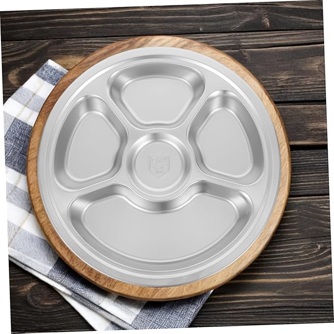 Garneck 1pc Divided Stainless Steel Food Plate Compartment Serving Tray for Breakfast Lunch and Dinner Stackable Moisture-retaining Design