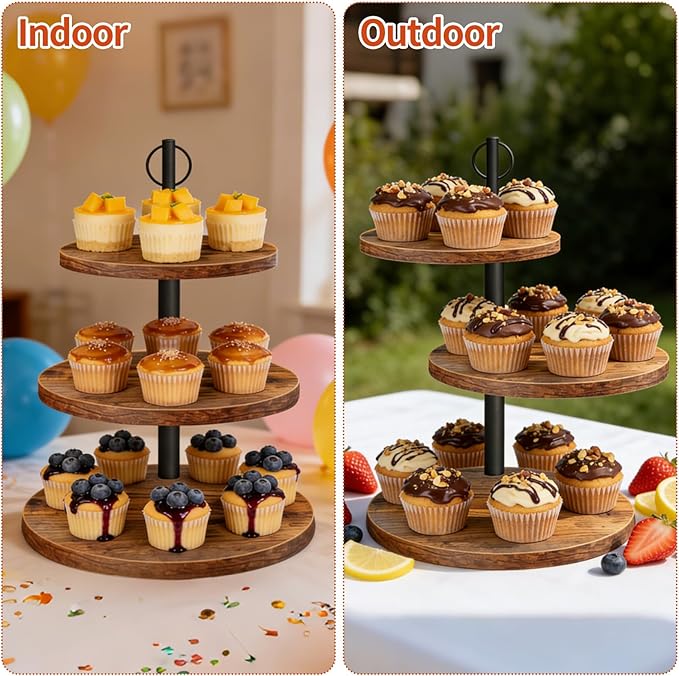 Cupcake Stand, 3 Tier Cake Stands Rustic Dessert Table Display Set Wood Cupcake Tower Cake Stand Tiered Tray Stand for Wedding Birthday Baby Shower 2 Pack
