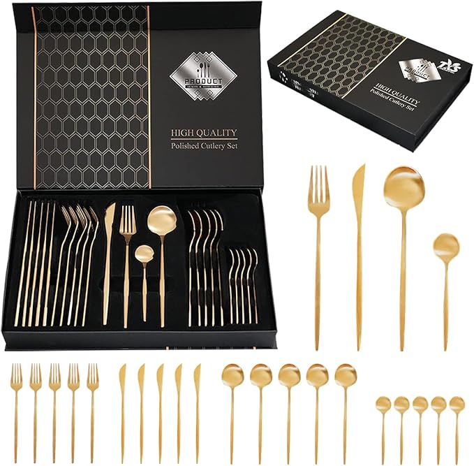 24-Piece Gold Silverware Set Gold Flatware Set for 6, Gold Spoons and Forks Set, Stainless Steel Gold Cutlery Set for Home Kitchen Restaurant Wedding, Mirror Polished Utensils Set, Dishwasher Safe