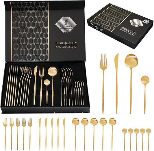 24-Piece Gold Silverware Set Gold Flatware Set for 6, Gold Spoons and Forks Set, Stainless Steel Gold Cutlery Set for Home Kitchen Restaurant Wedding, Mirror Polished Utensils Set, Dishwasher Safe