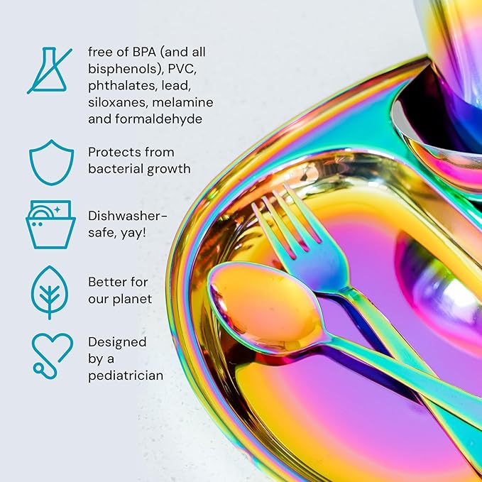 Ahimsa Stainless Steel Kids Utensils Set, Pediatrician Designed, Colorful Kids Silverware, Non Toxic, Dishwasher Safe, Rainbow Fork and Spoon