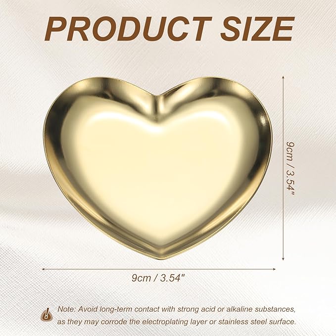 uxcell Heart Shape Serving Trays, 3.54" Stainless Steel Decorative Jewelry Dish, Small Vanity Tray for Bathroom Aromatherapy Candle Drink Plate,Gold