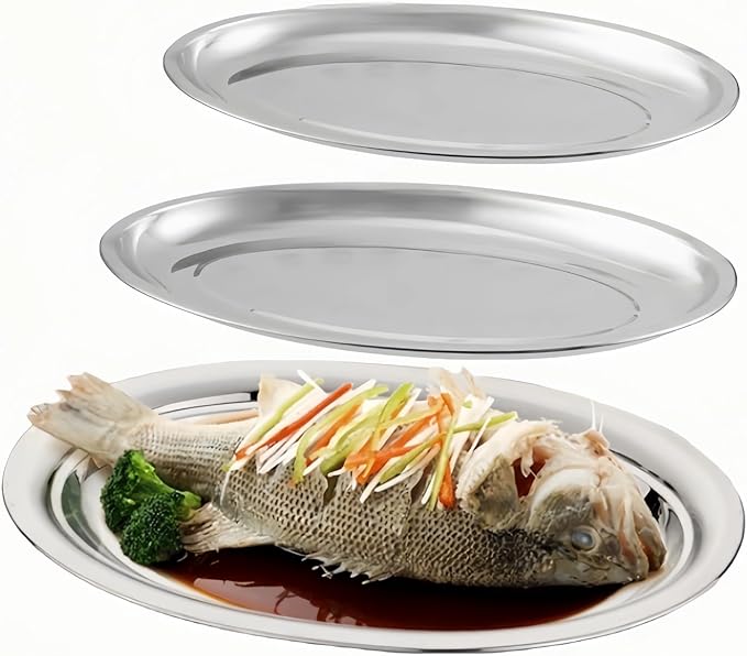 18/8 Stainless Steel Oval Platter,3 Pack Large Oval Steaming Fish Plates,Reusable Polish Metal Serving Trays for Kitchen BBQ, Snack,Salad,Appetizer,Fruit,Dishwasher &Oven Safe,Sliver