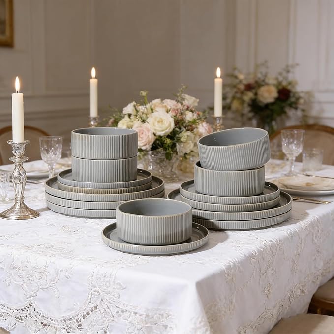 MONITO Ceramic Dinnerware Sets for 6, 18PCS Stoneware Plates and Bowls Sets, Reactive Glaze Dish Set, Chip and Scratch Resistant Double, Microwave and Dishwasher Safe, Sage Mist
