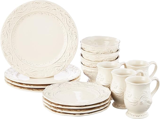 Firenze Ivory 16-Piece Ceramic Dinnerware Set, Service for 4 – Embossed Plates, Mugs & Bowls in Elegant Vintage White – Classic Everyday Dining Set for Rustic & Formal Tablescapes