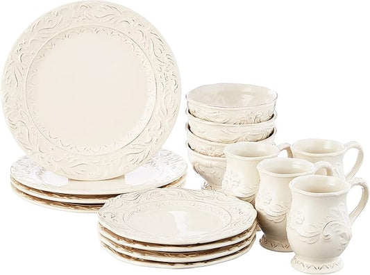 Firenze Ivory 16-Piece Ceramic Dinnerware Set, Service for 4 – Embossed Plates, Mugs & Bowls in Elegant Vintage White – Classic Everyday Dining Set for Rustic & Formal Tablescapes