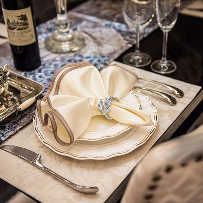 KPOSIYA Set of 20 Leaf Napkin Rings Metal Silver Napkin Holder Table Napkin Rings for Dinning Table Parties Everyday (Ye Zi-Silver 20)