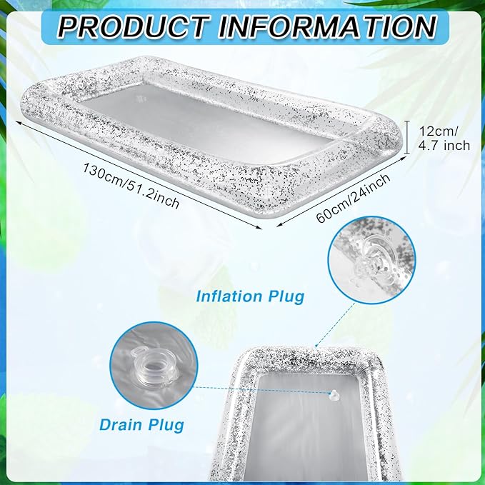 Leitee Inflatable Serving Bar with Drain Plug 52 x 24 x 5'' Inflatable Ice Serving Buffet Bar for Party Food Cooler Buffet Drink(Silver,Sequin Style)