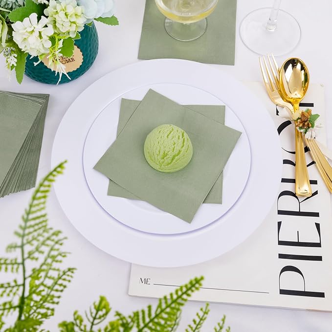 FLOWERCAT 100-Count 2-Ply Sage Green Napkins Cocktail Napkins - Green Beverage Napkins Disposable Premium Quality - 5" x 5" Paper Napkins for Party &Easter,Bar,Weddings,Birthday