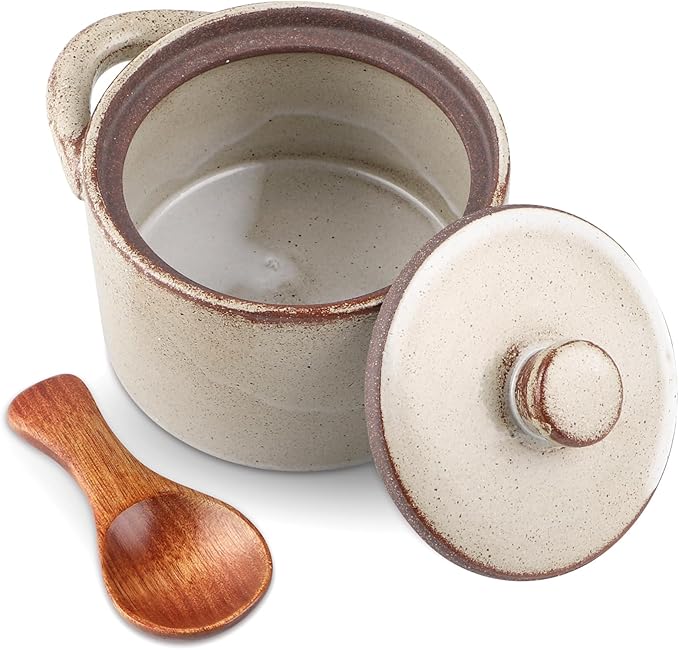 Speckled Ceramic Salt Cellar with Lid and Wooden Spoon, Rustic Spice Jar, Farmhouse Sugar Bowl for Sea Salt, Sugar, Spice and Kitchen Decor (Light Gray)