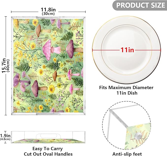 Serving Tray with Handles Clear Acrylic Tray 12x16 Inch Decorative Rectangular Tray Organizer for Ottoman Coffee Table Bathroom Watercolor Mushrooms Green