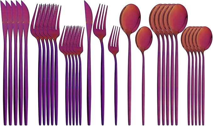 30Pcs Purple Simplicity Mirror Finished Cutlery Set, 18/0 Stainless Steel Daily Use Silverware Kitchen Home Restaurant Party Dessert Flatware Set Include Knife/Fork/Spoon, Service For 6