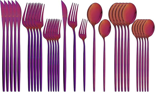 30Pcs Purple Simplicity Mirror Finished Cutlery Set, 18/0 Stainless Steel Daily Use Silverware Kitchen Home Restaurant Party Dessert Flatware Set Include Knife/Fork/Spoon, Service For 6