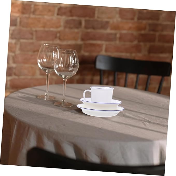 PRETYZOOM Vintage Enamel Dinnerware White Blue Rim Plate Bowl Cup Kit Food Grade Tableware for Home Camping Picnic Restaurant Use with Non Slip Base and Easy Clean Surface