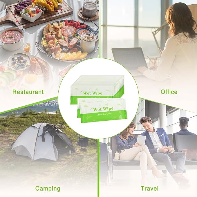 Hand Wipes Travel Size, 100 Pcs Individually Wrapped Wet Wipe Napkins for Wedding, Barbecue, Restaurant, Green Tea Scent