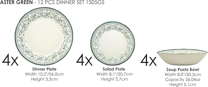 Tudor Royal 12-Piece Round Porcelain Dinnerware Set, Service for 4 - Aster Green Design, Multicolor Floral, Plates Bowls Mugs Dishes, Premium Quality Tableware, Unique Pattern, Glossy