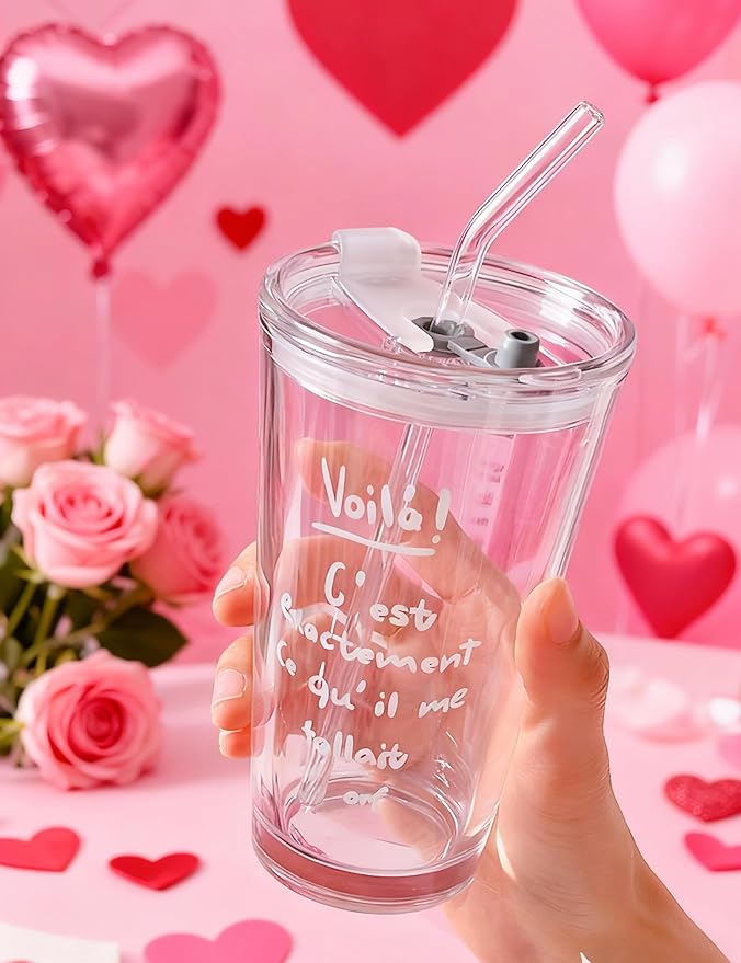 Olvini 15oz Glass Tumbler with Straw and Lid, Cute Iced Coffee Cups, Aesthetic Glass Cups, Coffee Tumbler, Water Cup, Matcha Cup, Drinking Glasses (The Perfect Match)
