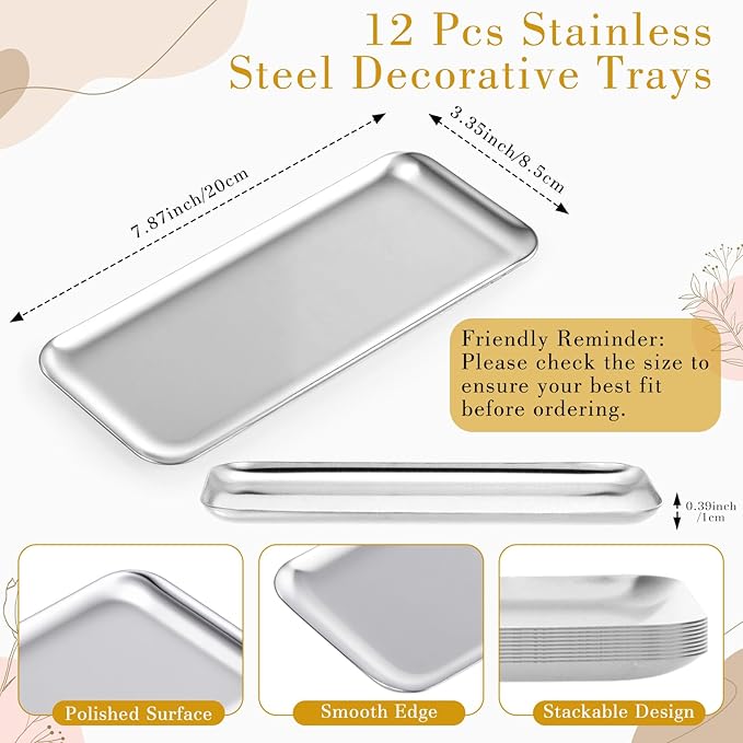 Vesici 12 Pcs 7.87 x 3.35 inches Small Silver Tray Bulk, Stainless Steel Rectangle Serving Trays Trinket Decorative Bathroom Tray for Vanity Jewelry Makeup Towel, Dish Plate Tea Fruit Storage Platter