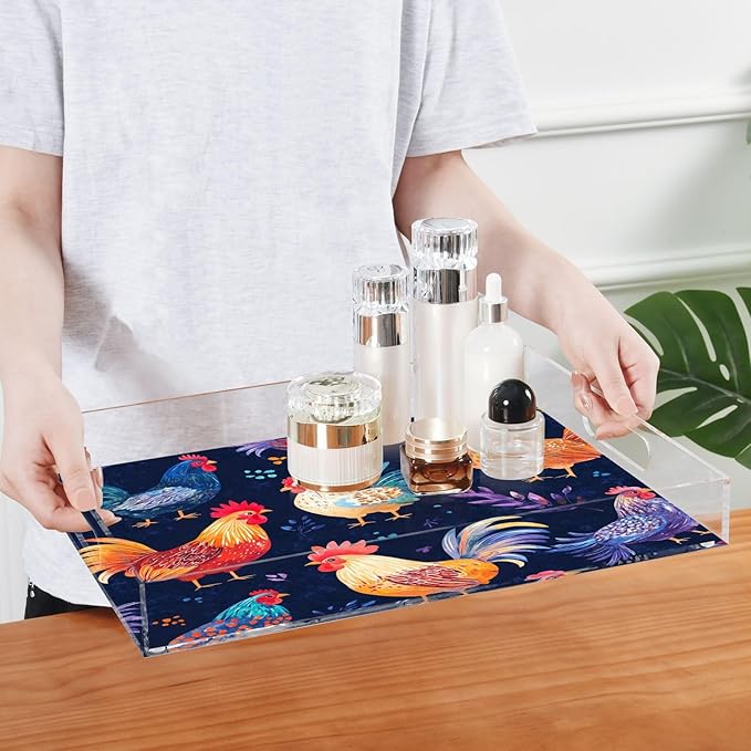 Serving Tray with Handles Clear Acrylic Tray 12x16 Inch Decorative Rectangular Tray Organizer for Ottoman Coffee Table Bathroom Rooster Spring Blue