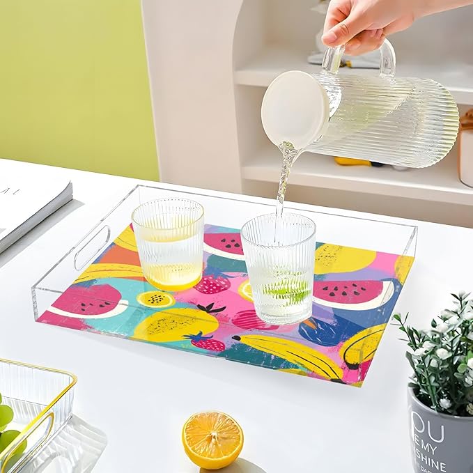 Serving Tray with Handles Clear Acrylic Tray 12x16 Inch Decorative Rectangular Tray Organizer for Ottoman Coffee Table Bathroom Colorful Watermelon Banana Strawberry Mango