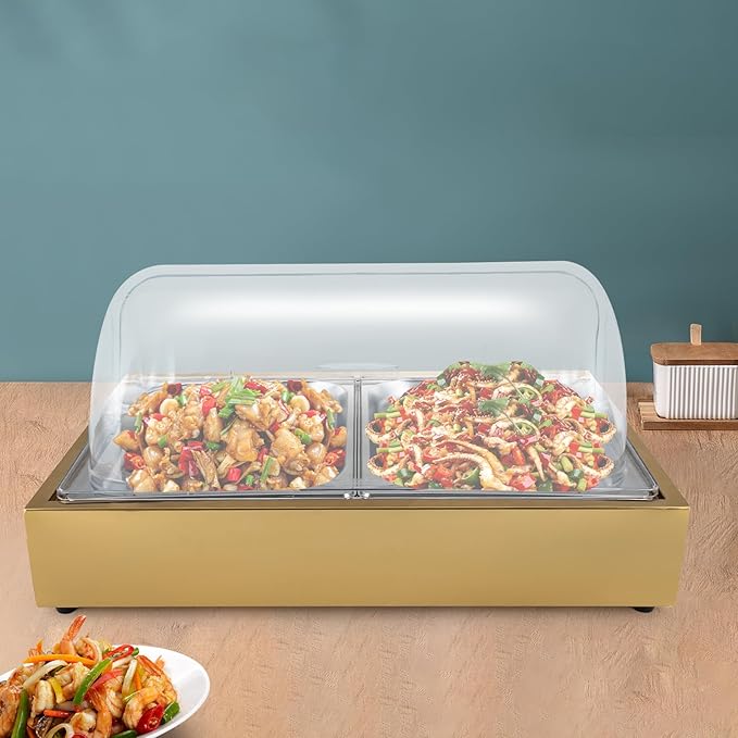 Countertop Ice Food Serving Display Tray with Clear Roll Top, 6L Chilled Serving Tray, Cold Serving Cooler Platter, Cooling Food Dishes Display Plate Case for Party (Double-Grid/Gold)