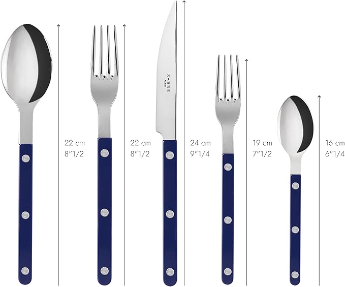 SABRE PARIS - 5-Piece Flatware Set - Bistrot Collection - Knife, Fork, Soup Spoon, Teaspoon & Dessert Fork - Stainless Steel & Nylon - Dishwasher Safe - Navy Blue - Brilliant Finish