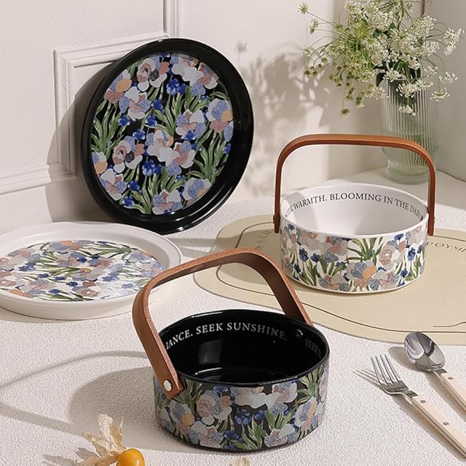 Fruit Bowl Dessert Plate Handmade Flower and Bird Pattern Round Ceramic Tableware Set (White - two pieces)