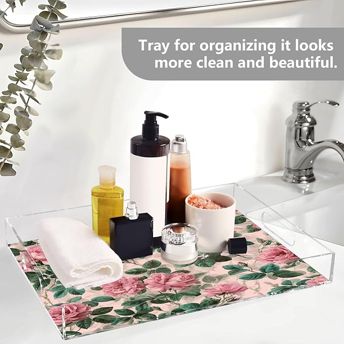 Serving Tray with Handles Clear Acrylic Tray 12x16 Inch Decorative Rectangular Tray Organizer for Ottoman Coffee Table Bathroom Pink Vintage Roses with Leaves