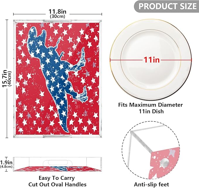 Serving Tray with Handles Clear Acrylic Tray 12x16 Inch Decorative Rectangular Tray Organizer for Ottoman Coffee Table Bathroom Red T-rex and Us Flag Stars