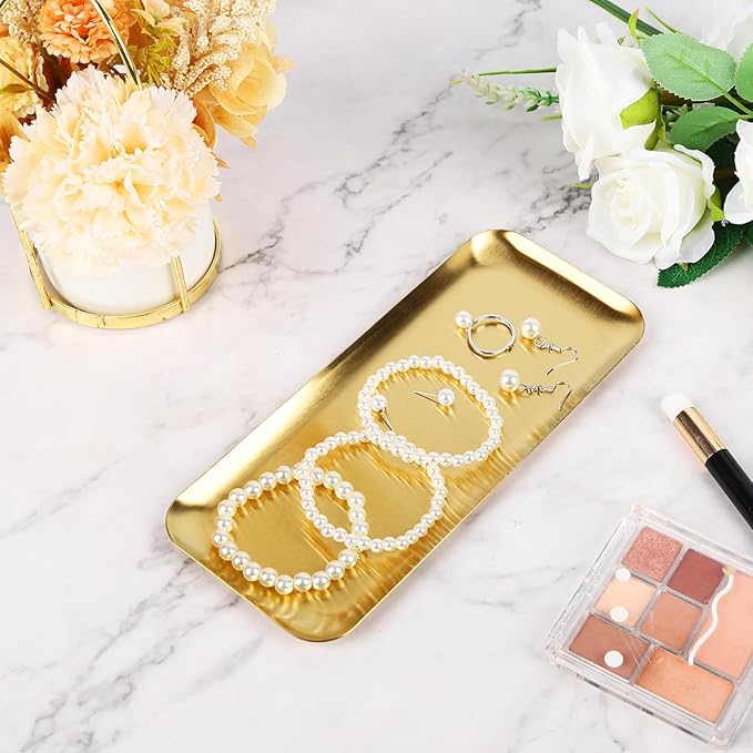 4PCS Stainless Steel Serving Trays Gold Trays for Decor 8.66 X3.82 Inches Rectangle Serving Vanity Tray Small Jewelry Makeup Decorative Storage Platter for Party Buffet Sushi Snack Tea Fruit