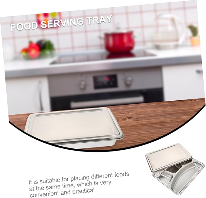 Stainless Steel Deep Compartment Lunch Tray Lid Sturdy Food Divided Plate for Students for School Lunches and Meal Prep