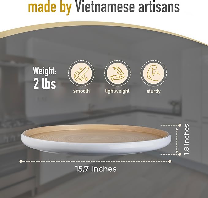 LEXA 15.7" Bamboo Round Serving Tray – Large Handcrafted Wooden Tray for Food, Ottoman, Coffee Table, Kitchen, Charcuterie, or Home Décor, White
