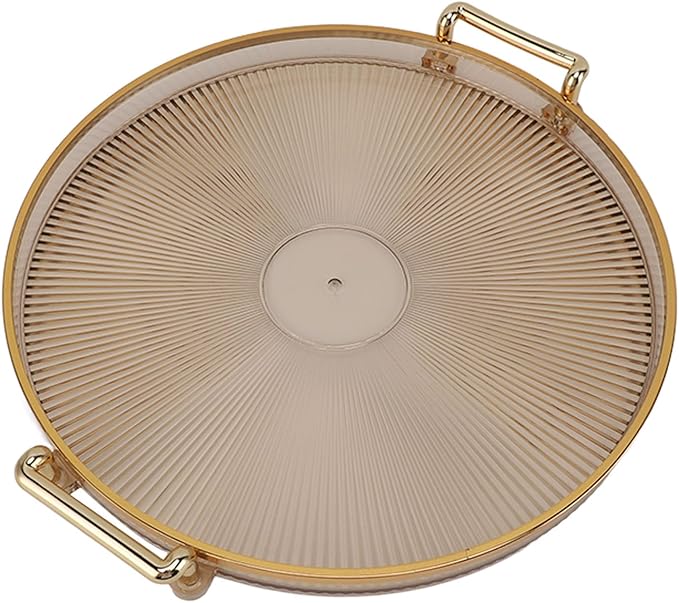 Dioche Elegant Round Serving Tray with Gold Handle and Golden - Multifunctional Display Tray for Fruits, Desserts, Snacks, and Decor (Amber)