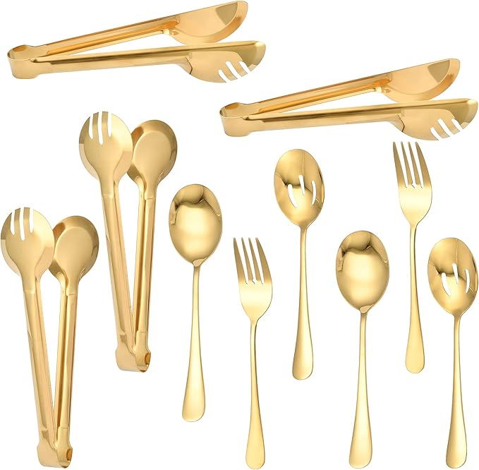 20.99 Worldity 10 Pieces Stainless Steel Flatware Serving Utensils Large Serving Spoon Set Multipurpose Gold Serving Utensils for Home Restaurant Party Dishwasher Safe Gold
