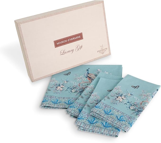 Maison d' Hermine Napkin 100% Combed Cotton Premium Set of 4 Decorative Washable Table Cloth Napkins for Dining, Home, Wedding, Banquet, Peacock Utopia - Pastel Turquoise (20”x20”)