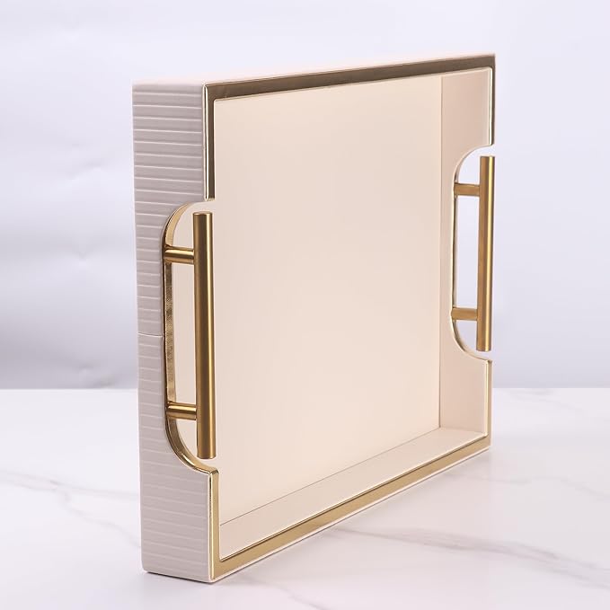 Wooden Structure Leather Decorative Tray With Brushed Champagne Gold Handle - Square Coffee Table Farmhouse Counter PU Serving Storage Tray (White)