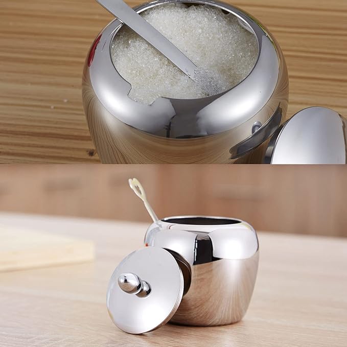 Sugar Bowl with Lid and Spoon 304 Stainless Steel Sugar Canister for Home Kitchen