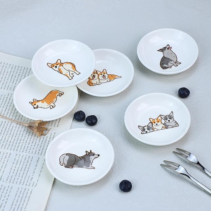 Cute Cartoon Animals Pattern Ceramic Sauce Dishes, Seasoning Dishes, Sushi Soy Dipping Bowls, Appetizer Plates, Dessert Plates, Little Cat Bird Feeding Bowls, Set of 6-Corgi-A-3.5 Inch