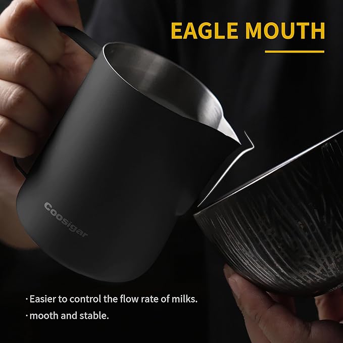 Milk Frothing Pitcher 450ml/15oz,304 Stainless steel Espresso Steaming Pitcher,milk frother cup,Milk Jug Cup,Latte Art(black)
