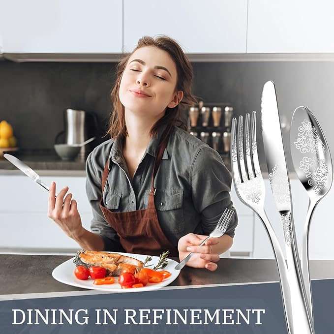 40-Piece Stainless Steel Silverware Set, Elegant Floral Engraved Cutlery Flatware Set for 8, Durable Tableware Utensil Sets Silver Include Fork Spoon Knife with Mirror Polish
